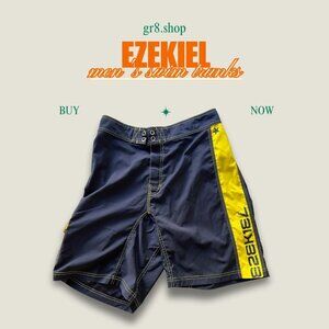 Ezekiel Mens Navy & Yellow Swim Trunks Size M With Adjustable Waist & Pocket Det